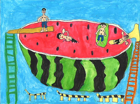 Drawing of people swimming in a pool shaped like a watermelon.