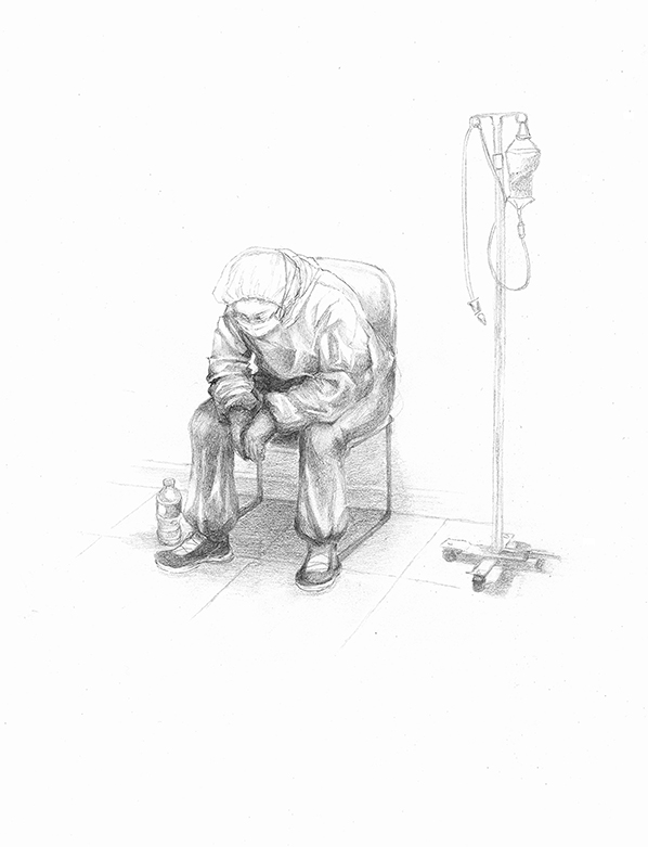 Pencil drawing of a person wearing medical scrubs uniform sitting in a chair and leaning over looking tired.