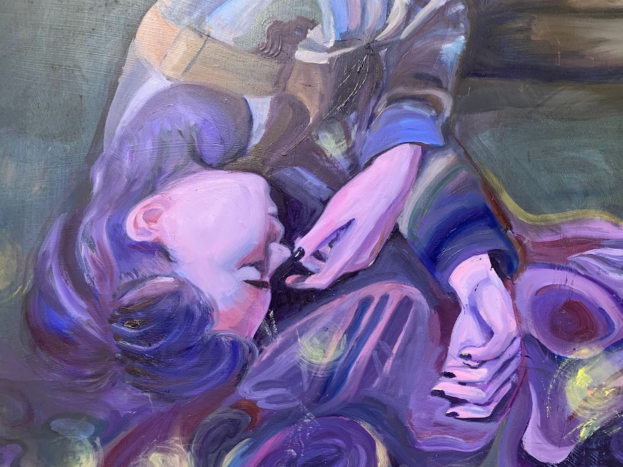 Painting of a purple skin woman laying down with eyes closed. 