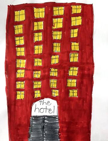 Drawing of a tall red hotel with yellow windows.