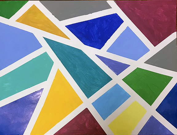 Abstract painting of colorful triangles separated by white lines.