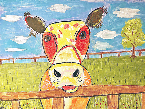 Drawing of a cow looking over a fence.