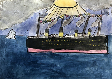 Watercolor painting of a large ship "The Titanic" floating on blue water under a blue sky with yellow sun.