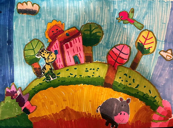Drawing of landscape with pink house, colorful trees, and a giraffe, hippo, and bird.