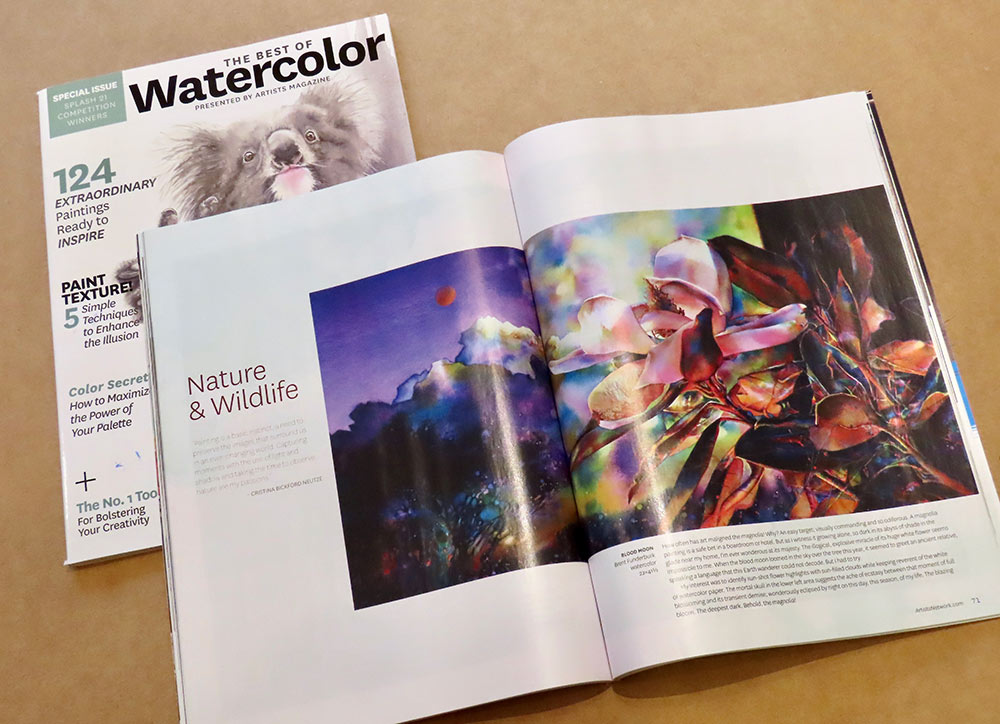 Cover of The Best of Watercolor magazine at left, bottom, on top sits the spread inside showing watercolor painting titled "Nature and Wildlife" and shows flowers and mountains at night 