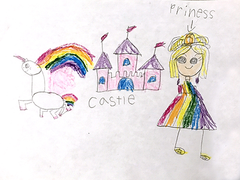 Drawing of a princess and a unicorn.