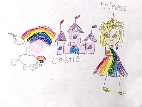 Drawing of a princess and a unicorn.