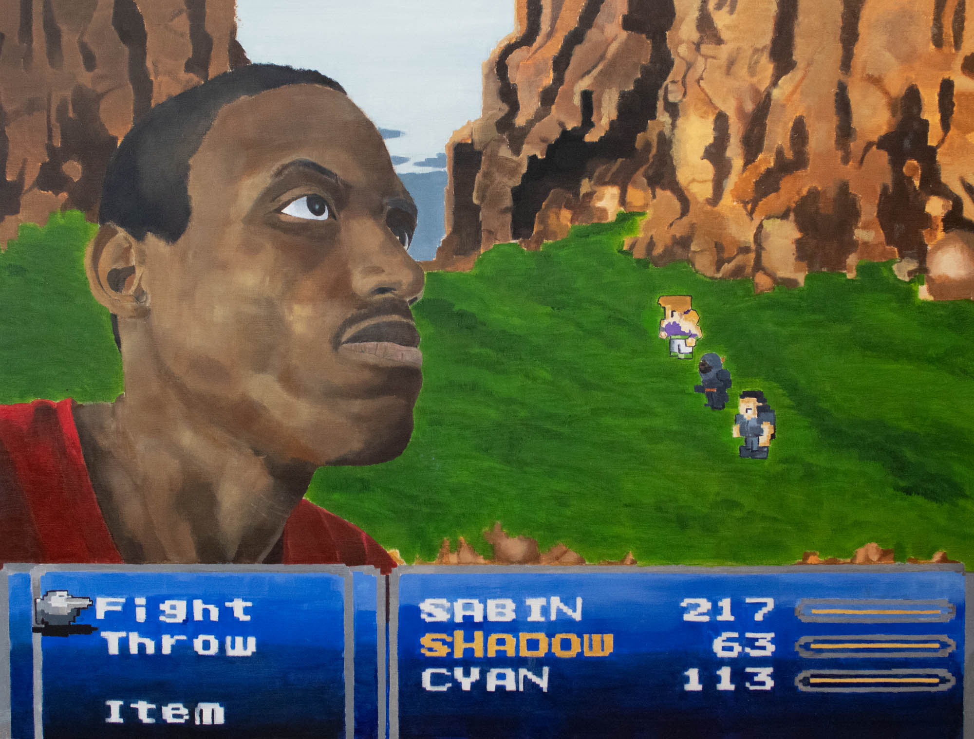 Portrait showing a man with behind a mountain background with a video game battle system with the words fight, throw, and item. As well as character names such as Sabin, Shadow, and Cyan.