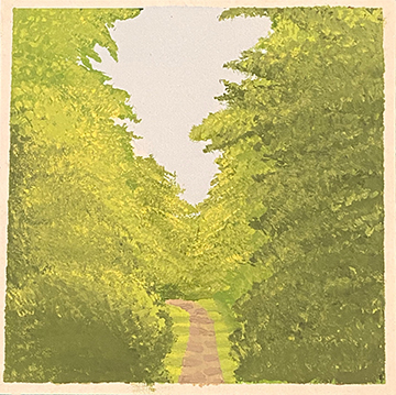 Painting of a road with trees on each side.