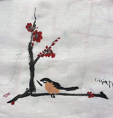 Painting of a bird on a tree branch.