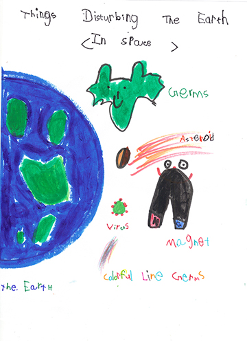 Drawing of the world and a list of words including viruses, asteroid, and germs.