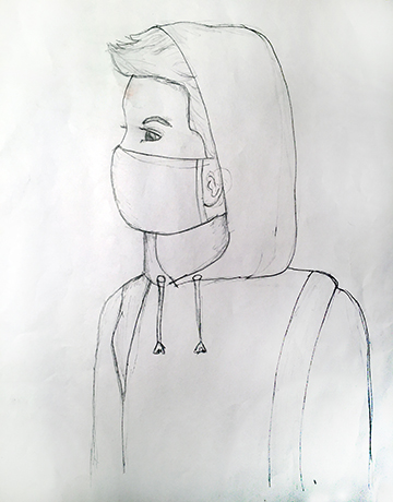 Pencil drawing of a boy in profile wearing a hoodie and a face mask.