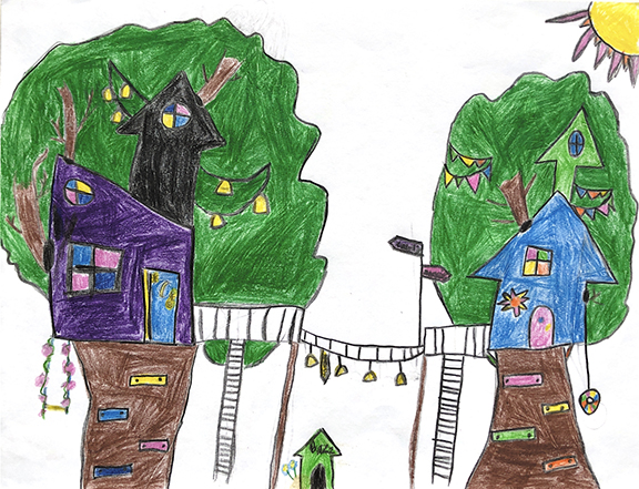 Drawing of a bridge and tree house between two trees