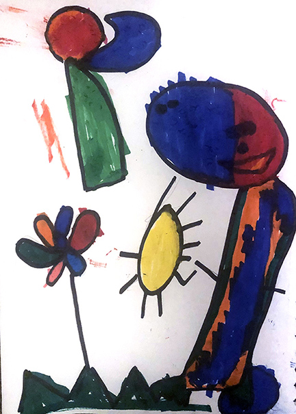 Drawing of a plant, sun, and person.