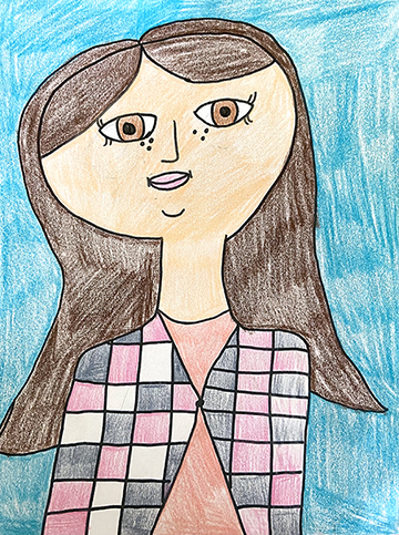 Drawing of a smiling girl with brown hair and brown eyes wearing a checkered shirt.