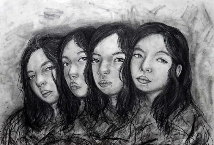 A drawing of four portraits fading into one another