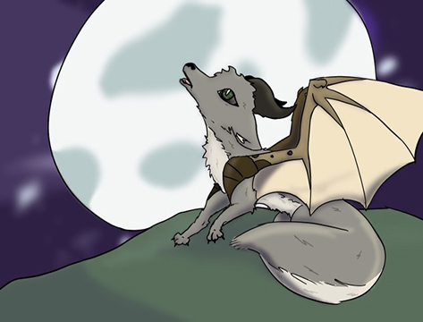 Digital illustration of a fantastic beast with bat wings and wolf body.