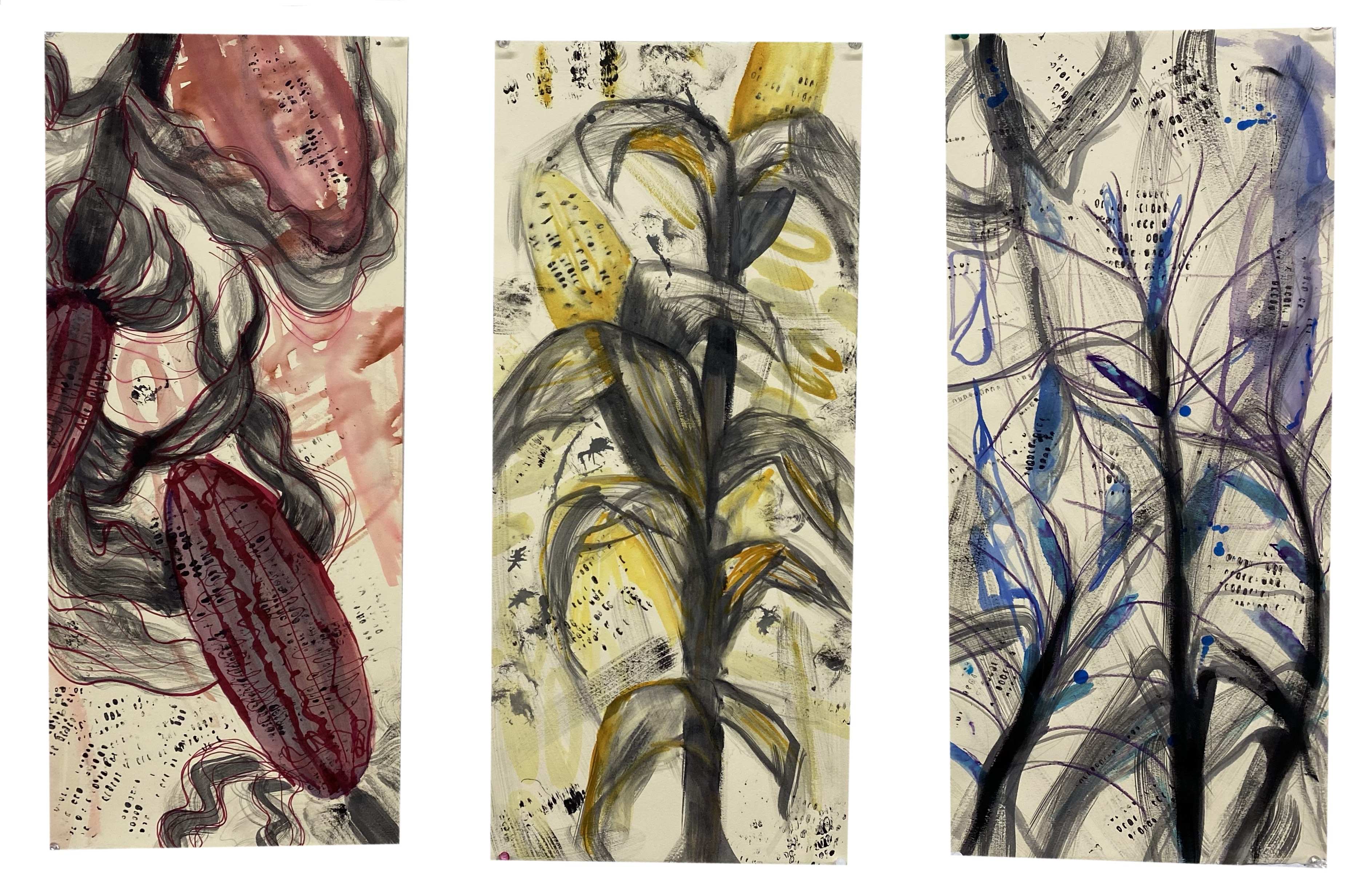 Three vertical paintings of corn.