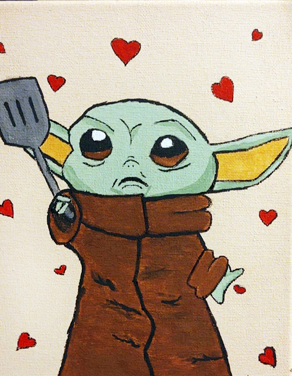 Painting of a green baby Yoda figure with large ears wearing a brown robe, holding a gray spatula, surrounded by hearts and a pink background.