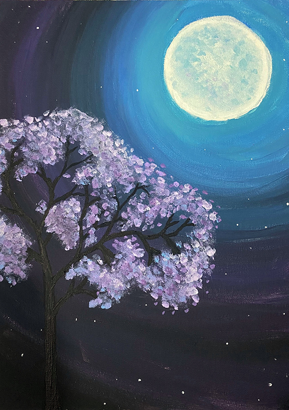 Painting of a tree with purple leaves at night.