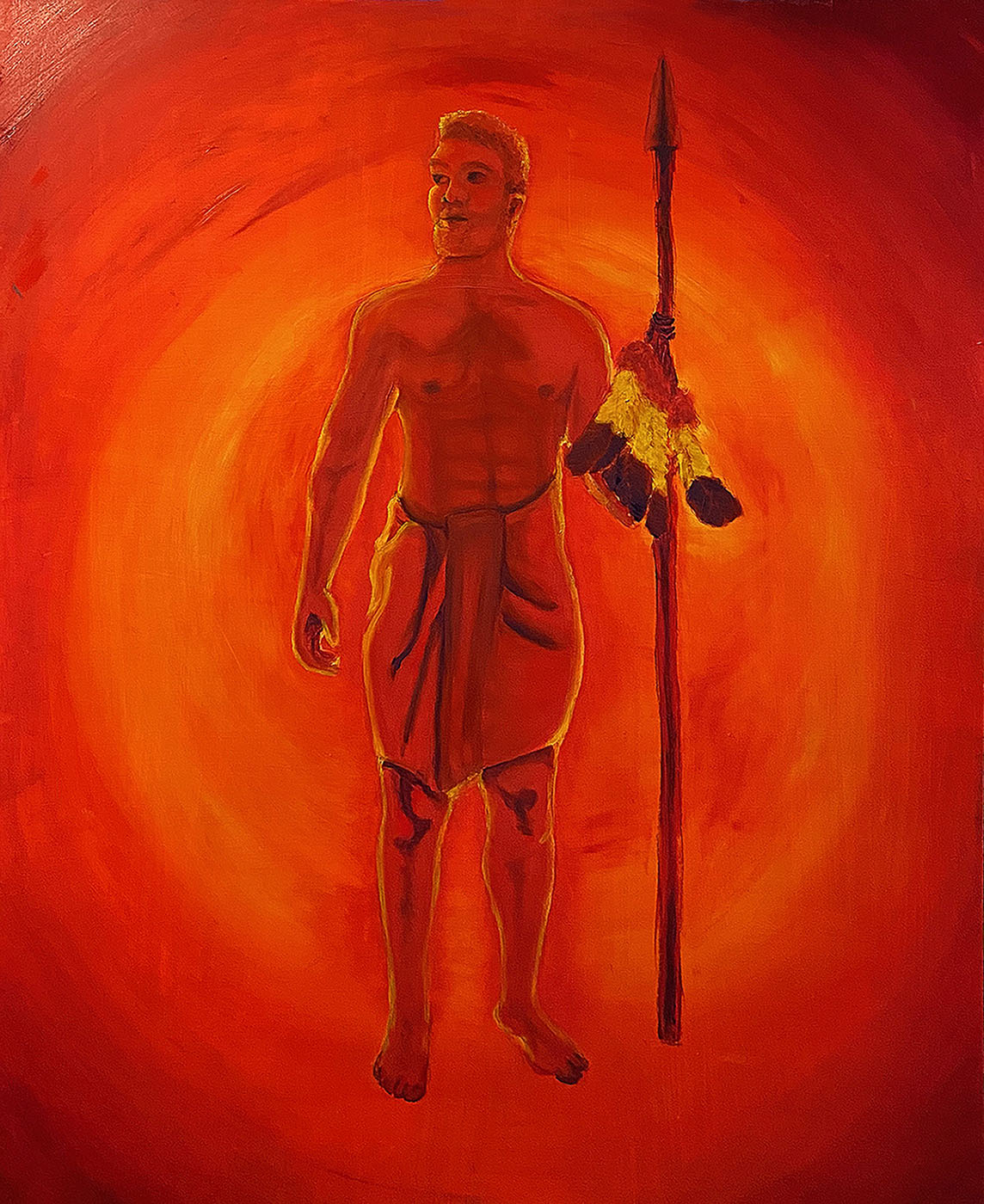 A deep warmth is exuding from a muscular standing male figure with a stern face looking towards the left. He is wearing a wrap around his waist, and holding a rugged spear with soft warm eagle feathers attached to it. Behind him a sunlike warmth spirals out to the end of the panel.