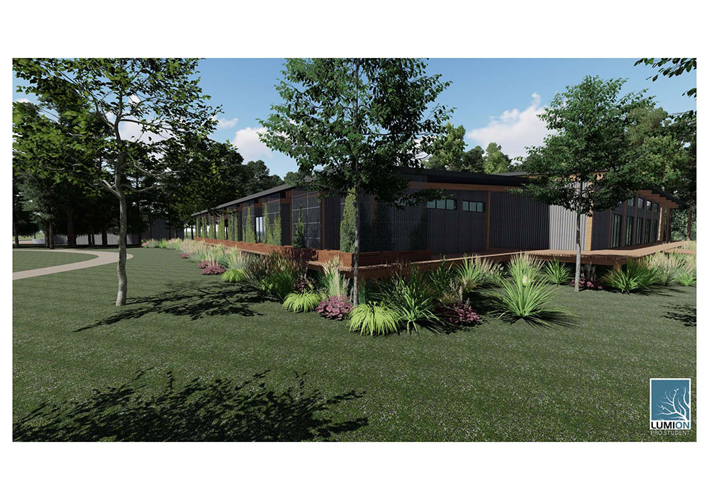 computer rendering of building exterior with lots of landscaping