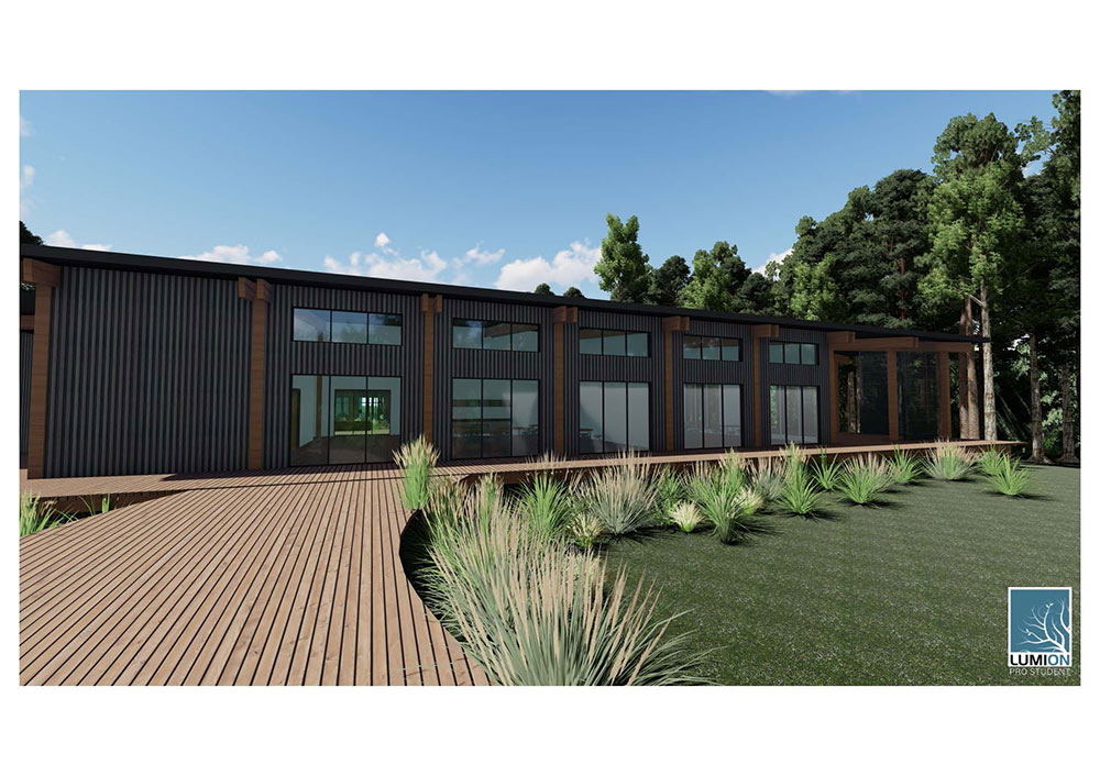 computer rendering of building exterior with lots of decking