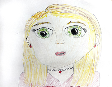 Drawing of a girl with blonde hair and green eyes.