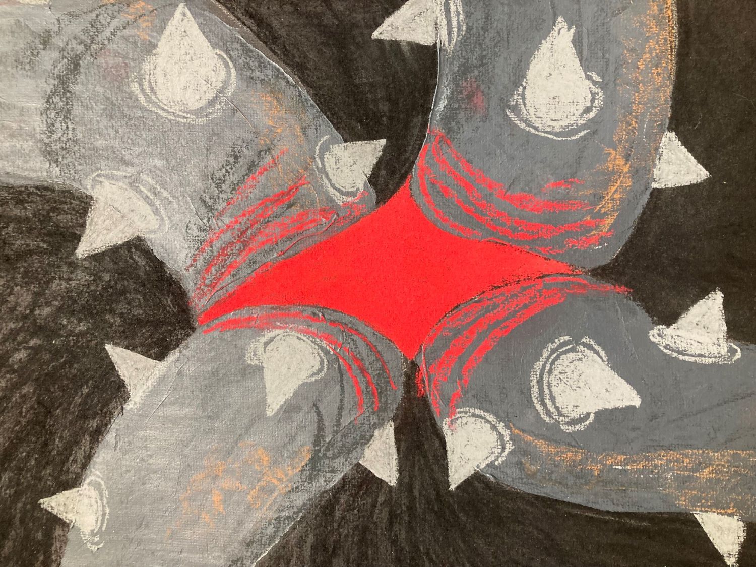 In this piece, most of the background space is red, topping it in flames. The bottom portion of the piece is a contrasting blue green, giving the impression of water. In the water, a white dragon lays peacefully still while a much smaller figure reaches toward it. Above the water, a black wolfish beast with writing thorns growing from a red, diamond-shaped hole in its chest, dominates the frame. It seems to have a piece of the dragon in its mouth, indicating it is victorious. 