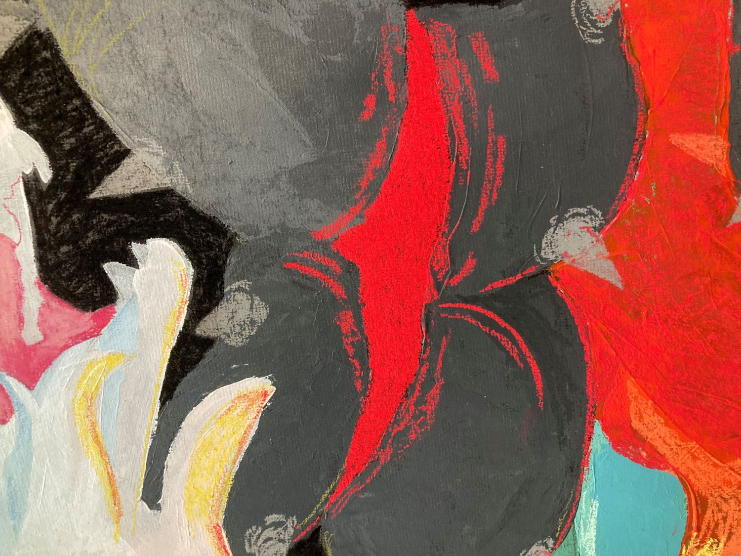 Two creatures collide on a sheet of circular tar paper. A long, white dragon and a wolfish black creature are tangled in the center. The backdrop is a clash of watery greens and fiery reds. The wolf has a red diamond-shaped hole in his chest from which four thorny tendrils spring out. 
