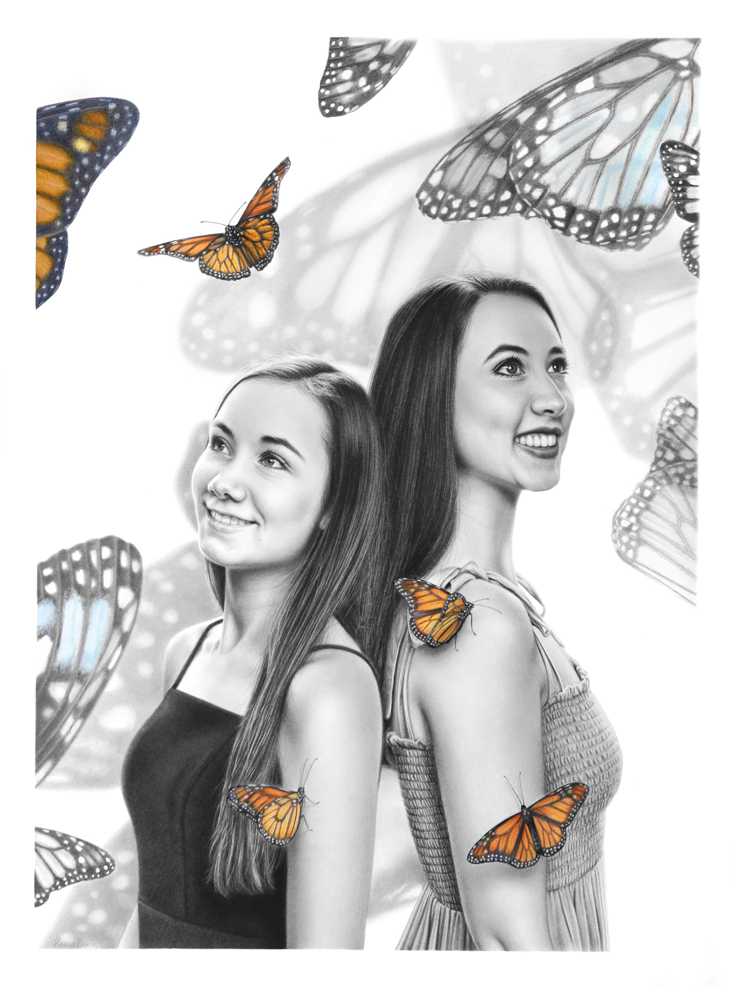 Drawing of sisters and butterflies