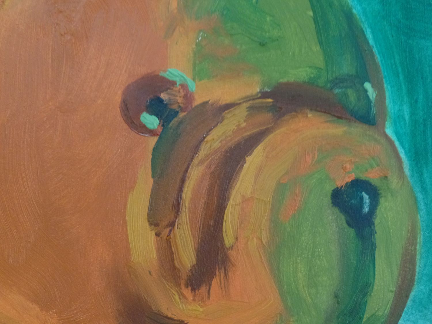 Close up of a painting of a bear stuffed animal under cyan light.
