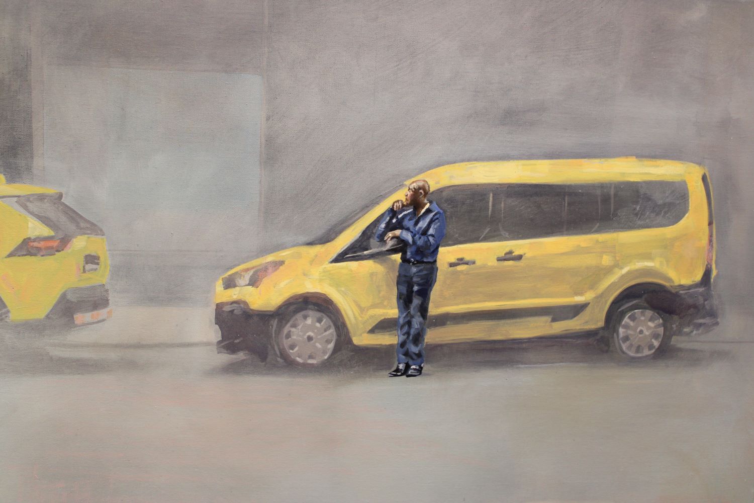 Detail image of a painting of a taxi driver next to a yellow cab looking away.