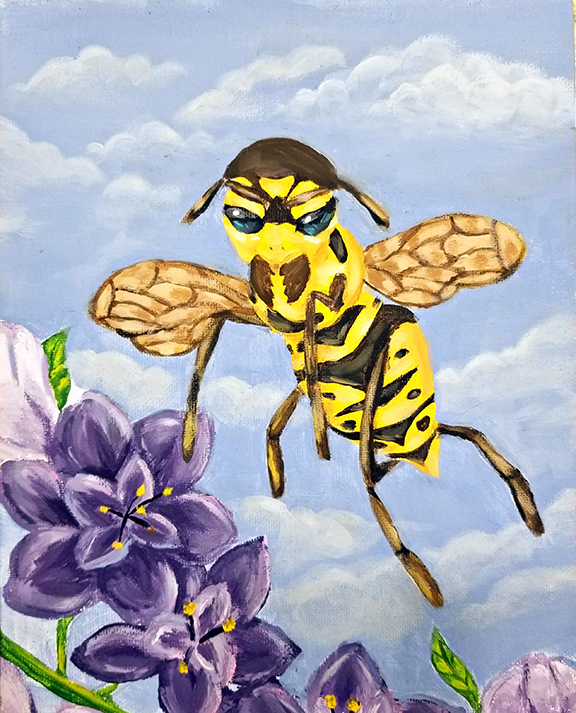 Painting of a black and yellow hornet flying over purple flowers and a background with blue sky.