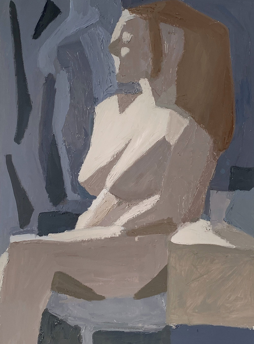 A two dimensional figurative drawing of a woman using browns and blues. 