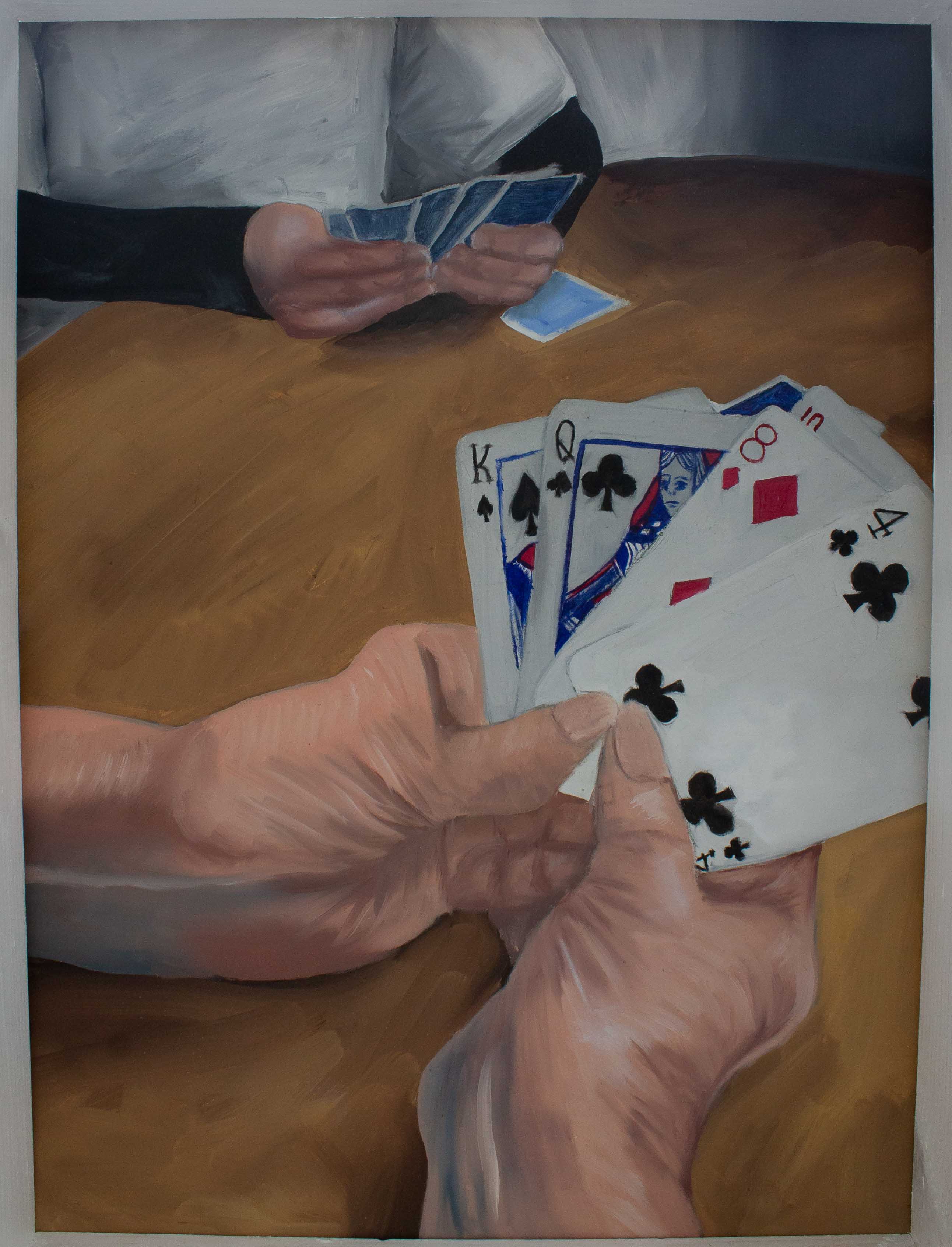 This is an image of just the painting. The painting shows an older person’s hands holding playing cards, they are a king, a queen, an eight, a four, and a ten. There is another person sat across from the hands playing the game as well. Both panels are slid out of the box. The painting is no longer obstructed by the plexiglass. The frontmost hands are wrinkly and veins are visible. They are both playing on a wooden table. The person in the back is wearing a white t-shirt and the back of their cards are blue. The painting has a very neutral color pallet.
