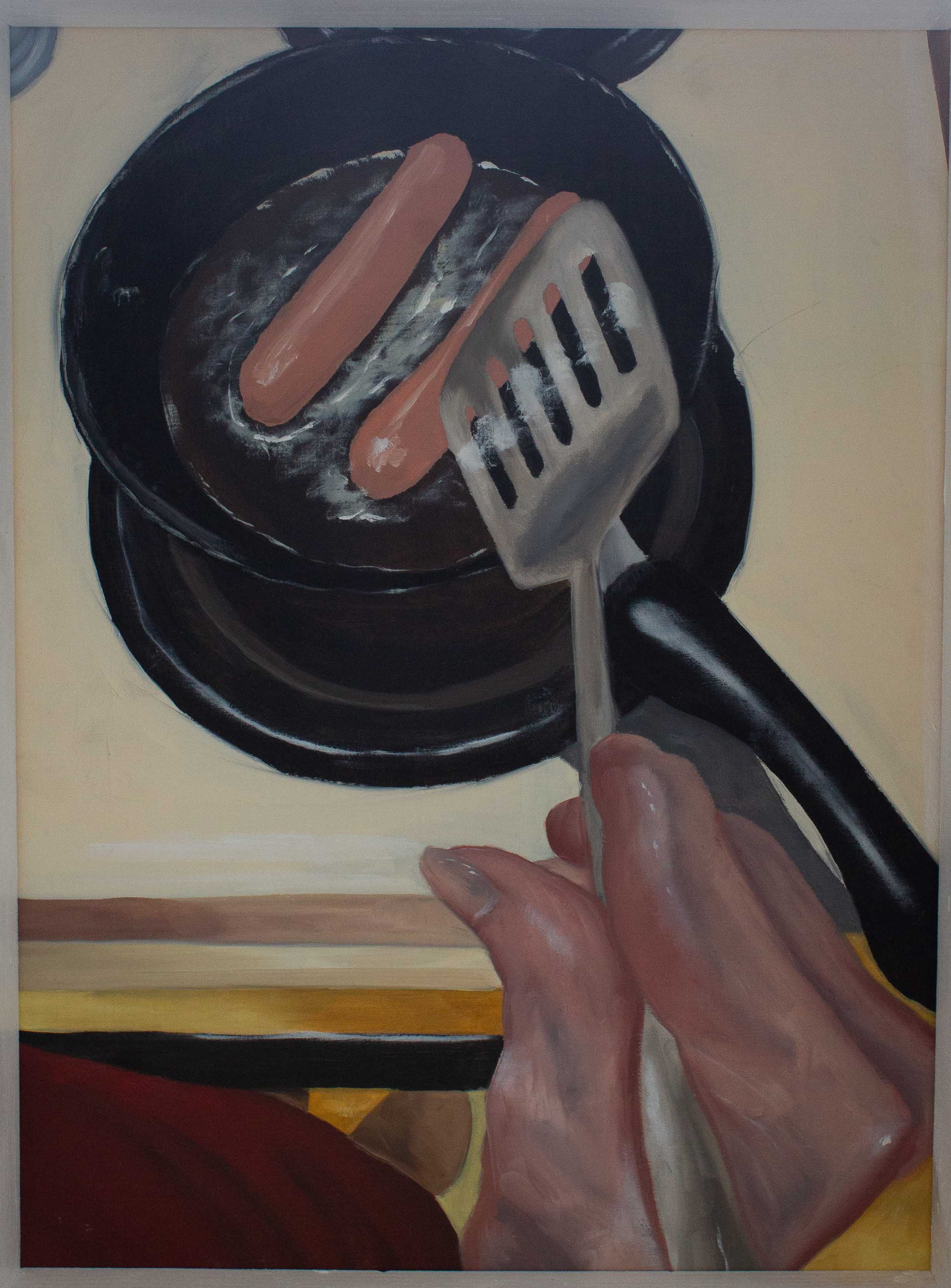 This is an image of just the painting. The painting shows an older person’s hand as they cook two hotdogs on a skillet. The person is holding a spatula. They are wearing a red shirt. The stove top surrounding the eye being used is visible. Both panels are slid out of the box. The painting is no longer obstructed by the plexiglass. The hand in the foreground is wrinkly and the fingers are crooked due to arthritis. The painting has an overall warm color pallet. 