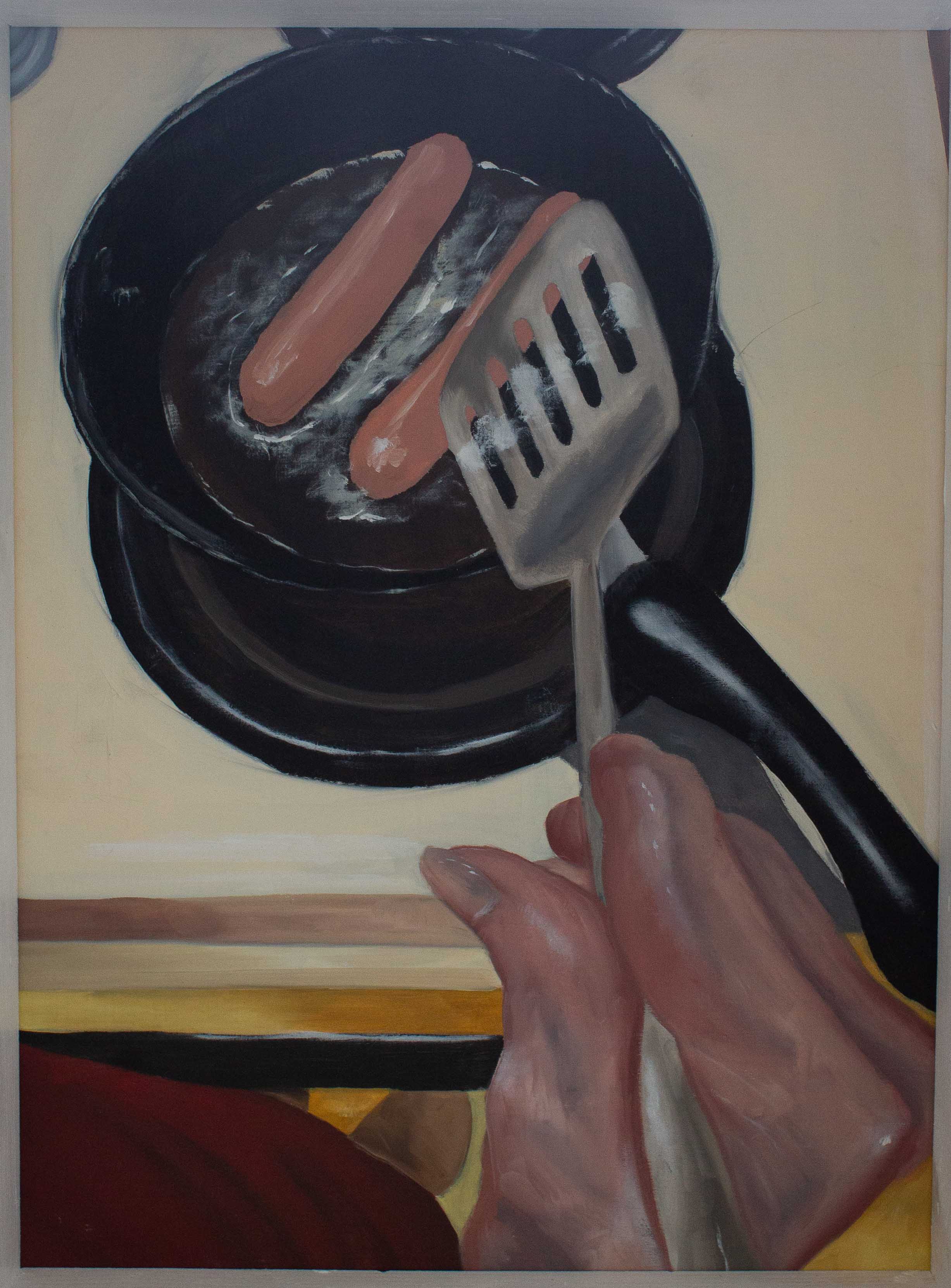 This is an image of just the painting. The painting shows an older person’s hand as they cook two hotdogs on a skillet. The person is holding a spatula. They are wearing a red shirt. The stove top surrounding the eye being used is visible. Both panels are slid out of the box. The painting is no longer obstructed by the plexiglass. The hand in the foreground is wrinkly and the fingers are crooked due to arthritis. The painting has an overall warm color pallet.