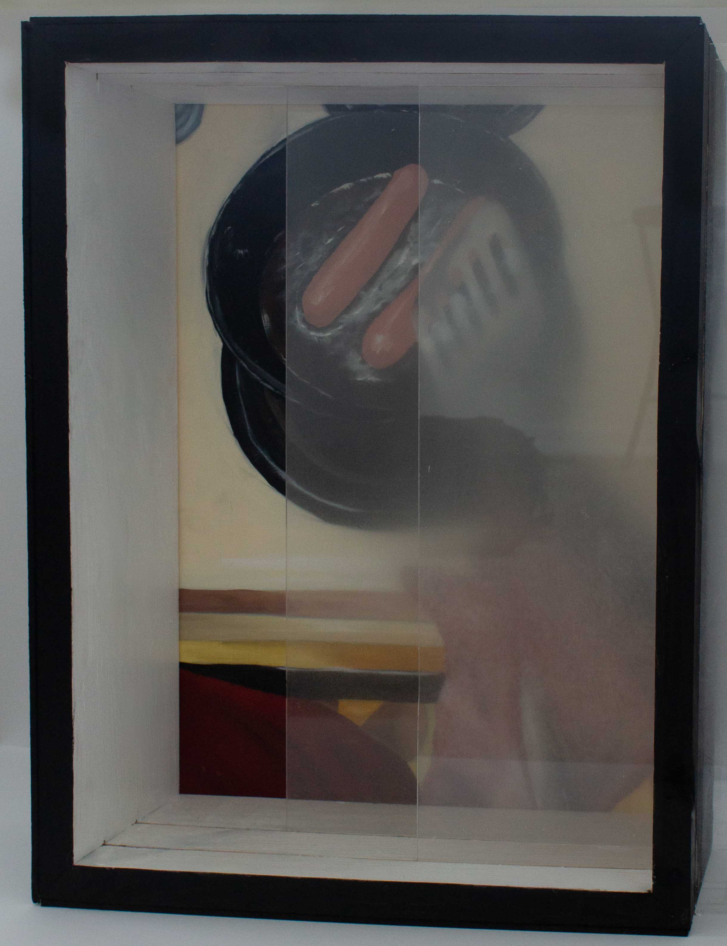 A box with a painting in the back and treated plexiglass panels interfering with the view of the painting. The painting shows an older person’s hand as they cook two hotdogs on a skillet. The person is holding a spatula. They are wearing a red shirt. The stove top surrounding the eye being used is visible. Both panels are in front of the painting but staggering. The front most panel of plexiglass is pulled almost out from in front of the painting, but a sliver is still visible. It is fuzzy and smooth. The back panel of plexiglass is halfway in front of the painting so that just a sliver of the painting is visible and there is a section where both panels overlap. It is rough, scratched, and blurry. Both panels are blurry more in the center and fade out.