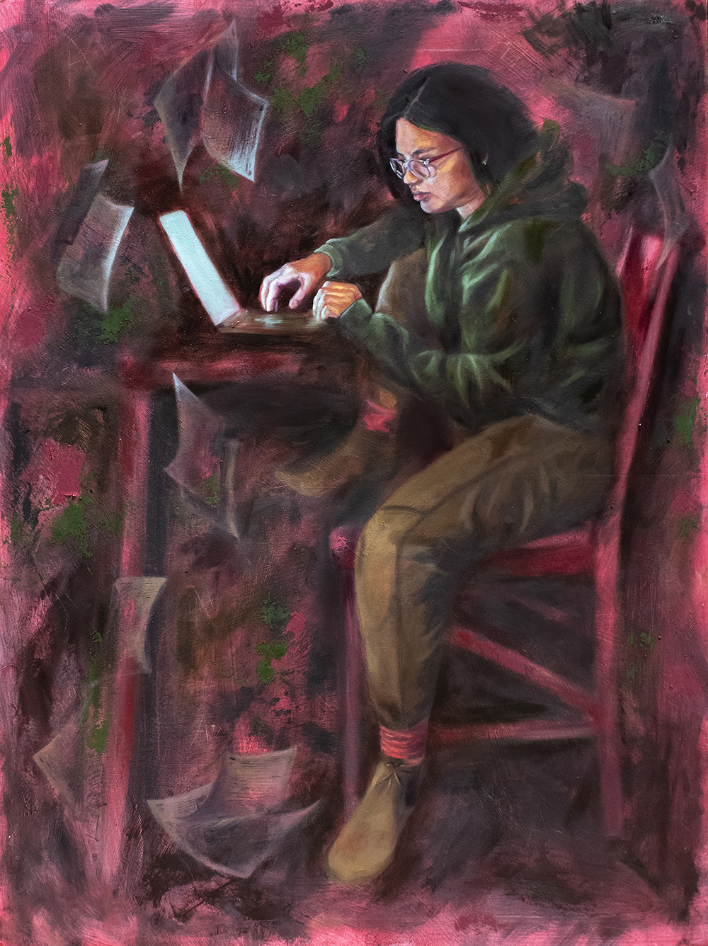 painting of a student working at a desk 