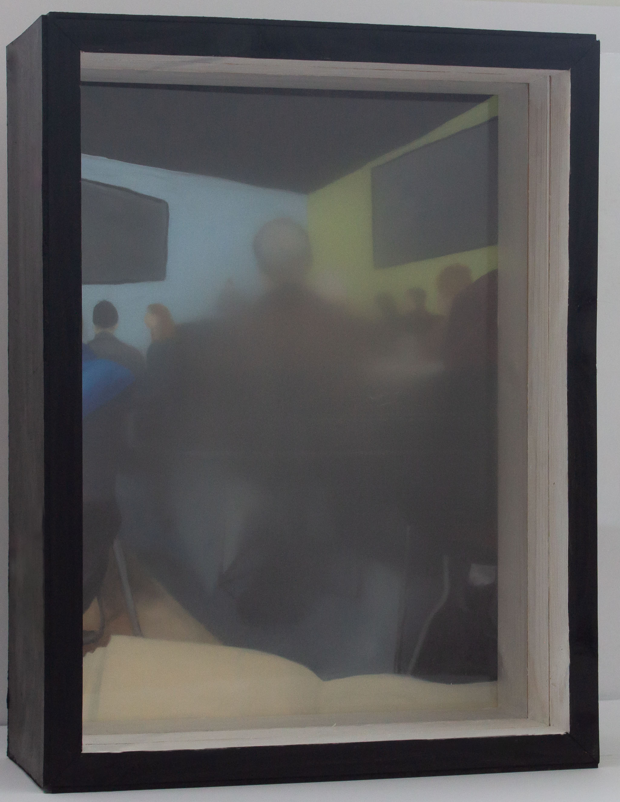 A box with a painting in the back and treated plexiglass panels interfering with the view of the painting. The painting shows a hymnal in the foreground. There are several people sitting in the view of the subject. They are sitting at tables all focused on the preacher who is at the front of the room in the middle of the painting. The walls in the back are painted blue and green and there are screens on both walls. The front panel is slid out from the box. The back panel is still obscuring the painting. The back panel of plexiglass is rough, scratched, and blurry. Both panels are blurry more in the center and fade out.