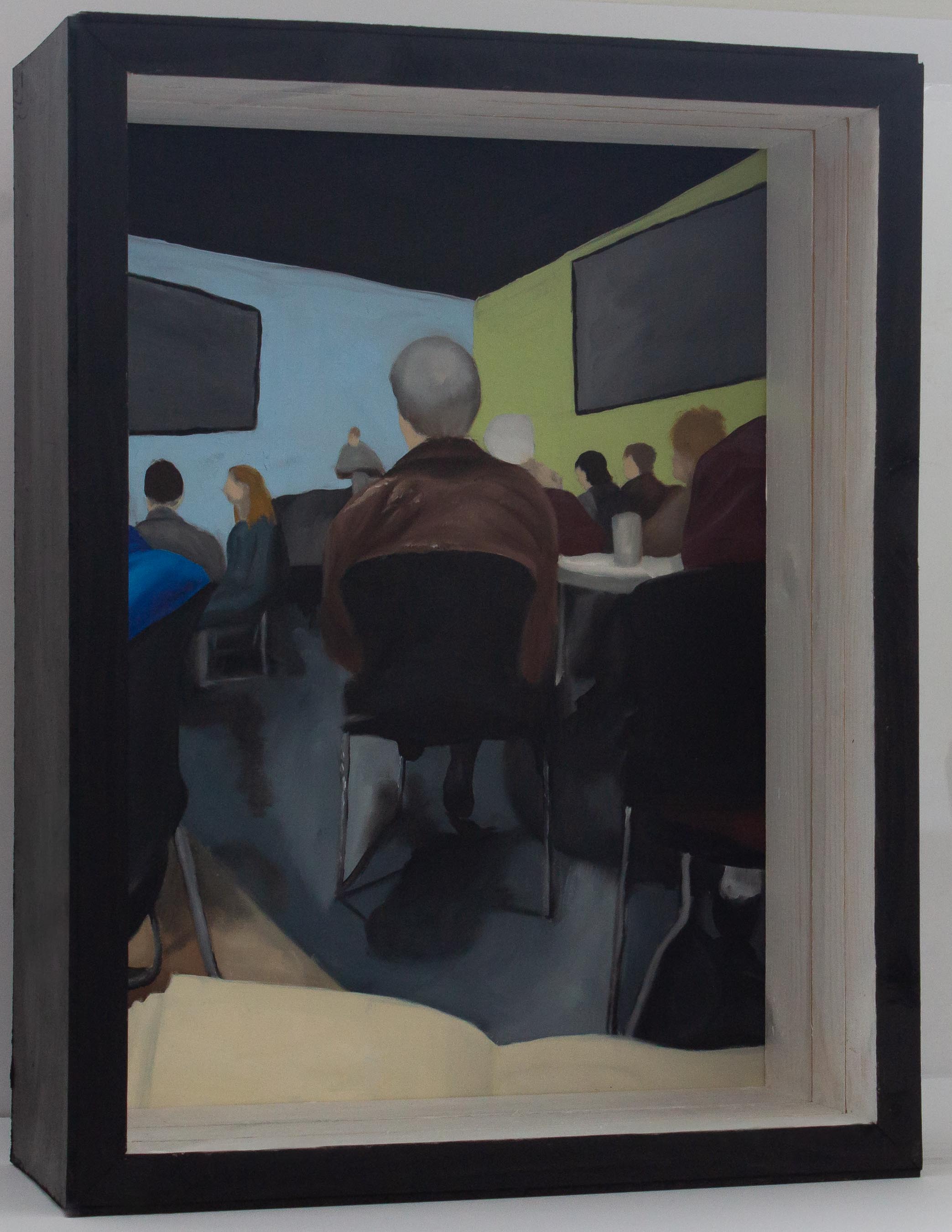 A box with a painting in the back and treated plexiglass panels interfering with the view of the painting. The painting shows a hymnal in the foreground. There are several people sitting in the view of the subject. They are sitting at tables all focused on the preacher who is at the front of the room in the middle of the painting. The walls in the back are painted blue and green and there are screens on both walls. Both panels are slid out of the box. The painting is no longer obstructed by the plexiglass. There is a man sitting directly in front of the view of the subject, he is wearing a brown jacket and his hair is grey. There is a man to the left in a bright blue shirt with brown hair. There are several people further forward. The preacher is at a podium. 