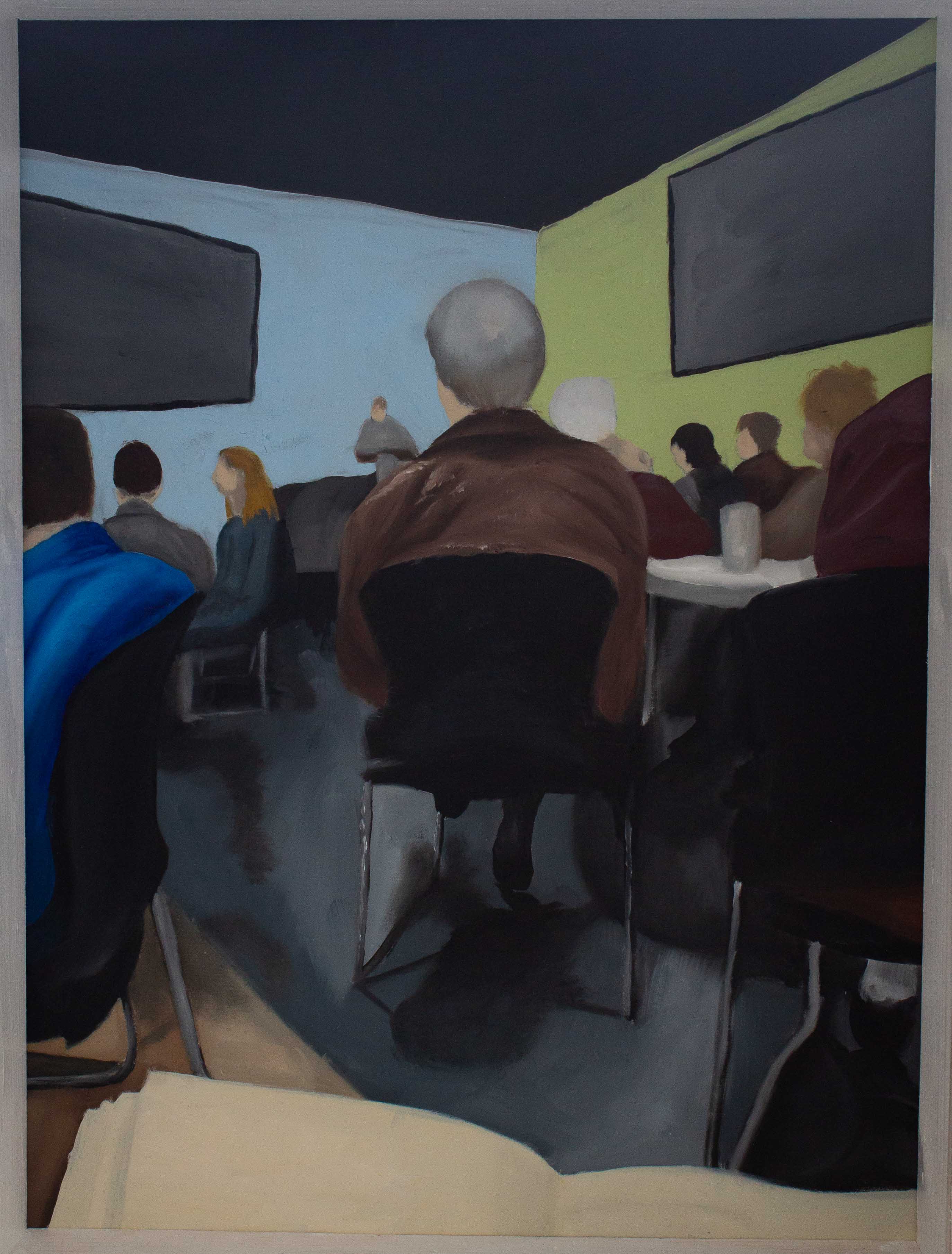 This is an image of just the painting. The painting shows a hymnal in the foreground. There are several people sitting in the view of the subject. They are sitting at tables all focused on the preacher who is at the front of the room in the middle of the painting. The walls in the back are painted blue and green and there are screens on both walls. Both panels are slid out of the box. The painting is no longer obstructed by the plexiglass. There is a man sitting directly in front of the view of the subject, he is wearing a brown jacket and his hair is grey. There is a man to the left in a bright blue shirt with brown hair. There are several people further forward. The preacher is at a podium.
