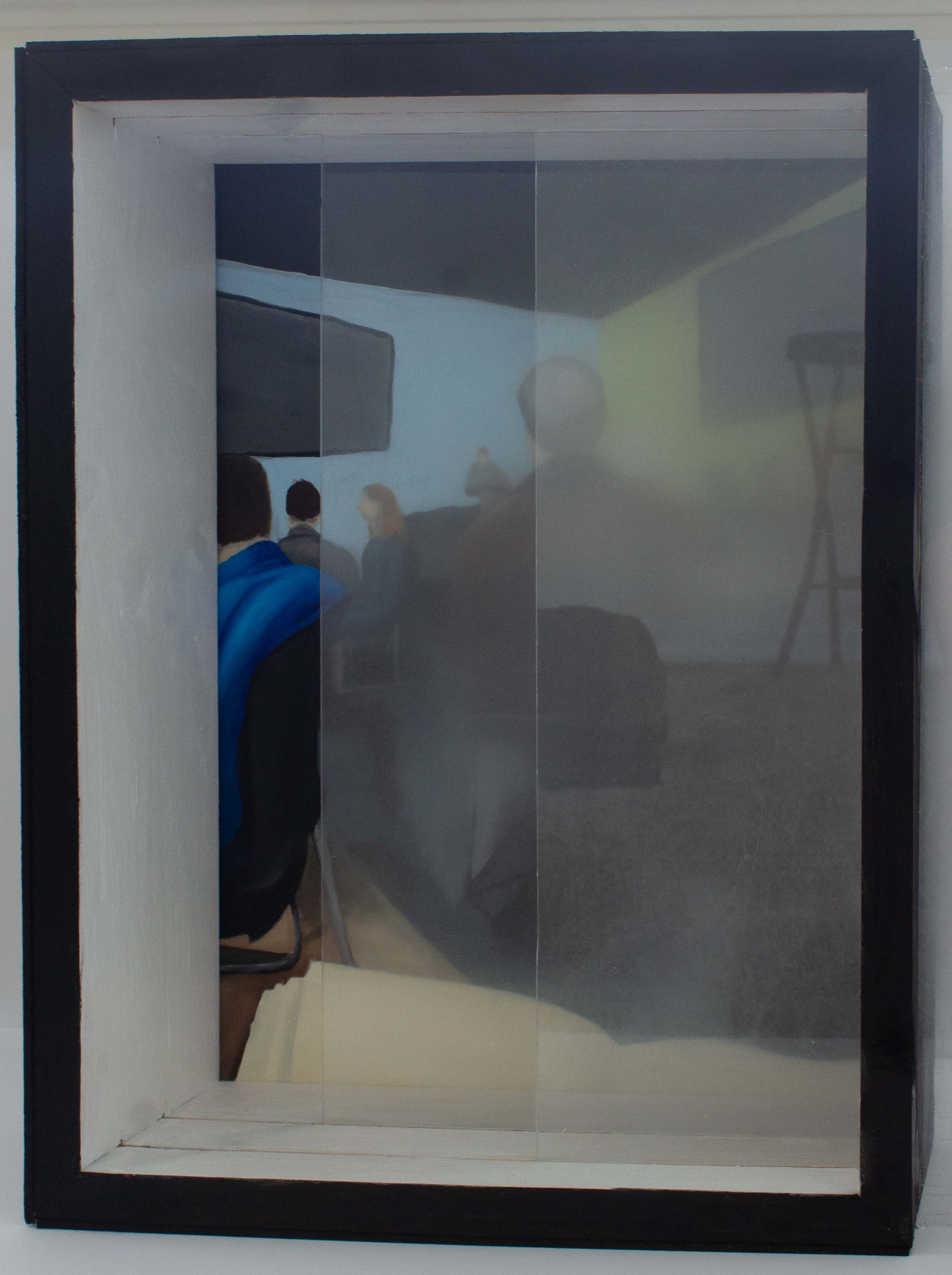 A box with a painting in the back and treated plexiglass panels interfering with the view of the painting. The painting shows a hymnal in the foreground. There are several people sitting in the view of the subject. They are sitting at tables all focused on the preacher who is at the front of the room in the middle of the painting. The walls in the back are painted blue and green and there are screens on both walls. Both panels are in front of the painting but staggering. The front most panel of plexiglass is pulled almost out from in front of the painting, but a sliver is still visible. It is fuzzy and smooth. The back panel of plexiglass is halfway in front of the painting so that just a sliver of the painting is visible and there is a section where both panels overlap. It is rough, scratched, and blurry. Both panels are blurry more in the center and fade out.