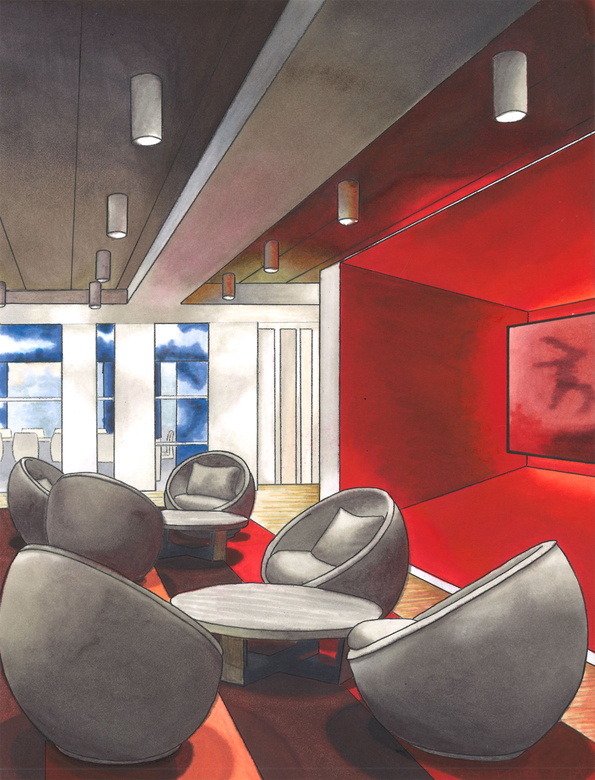 hand rendering - modern round gray chairs, red walls