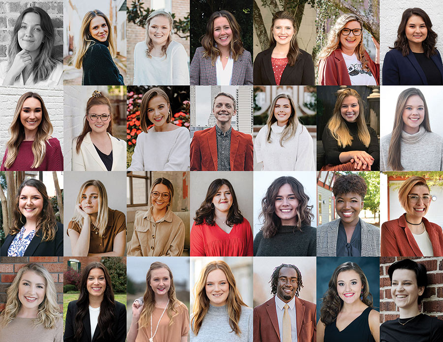 Grid of MSU interior design seniors - 4 rows of 7: top row, left to right: FLOWOOD—Allie O. Ketchings SIKESTON, Missouri—Ashley N. Ensor COTTONDALE, Alabama—Ashley K. Wyatt BELDEN— Emily “Caroline” Harris FLORA—Cassidy H. Jones LOUISVILLE—Chelsea Smith Sisson GAUTIER—Darby M. Myers second row, left to right: BIRMINGHAM, Alabama—Emily A. Purner BRENTWOOD, Tennessee—Haley Lawrence Huff MACON, Georgia—Hayden S. Hunt HATTIESBURG—William “Houston” McMahon CORINTH—Katie D. Vandiver ARLINGTON, Tennessee—Kennedy P