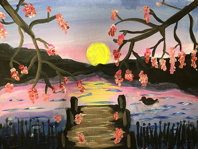 Painting of a pink sunset on a blue lake with a pier.
