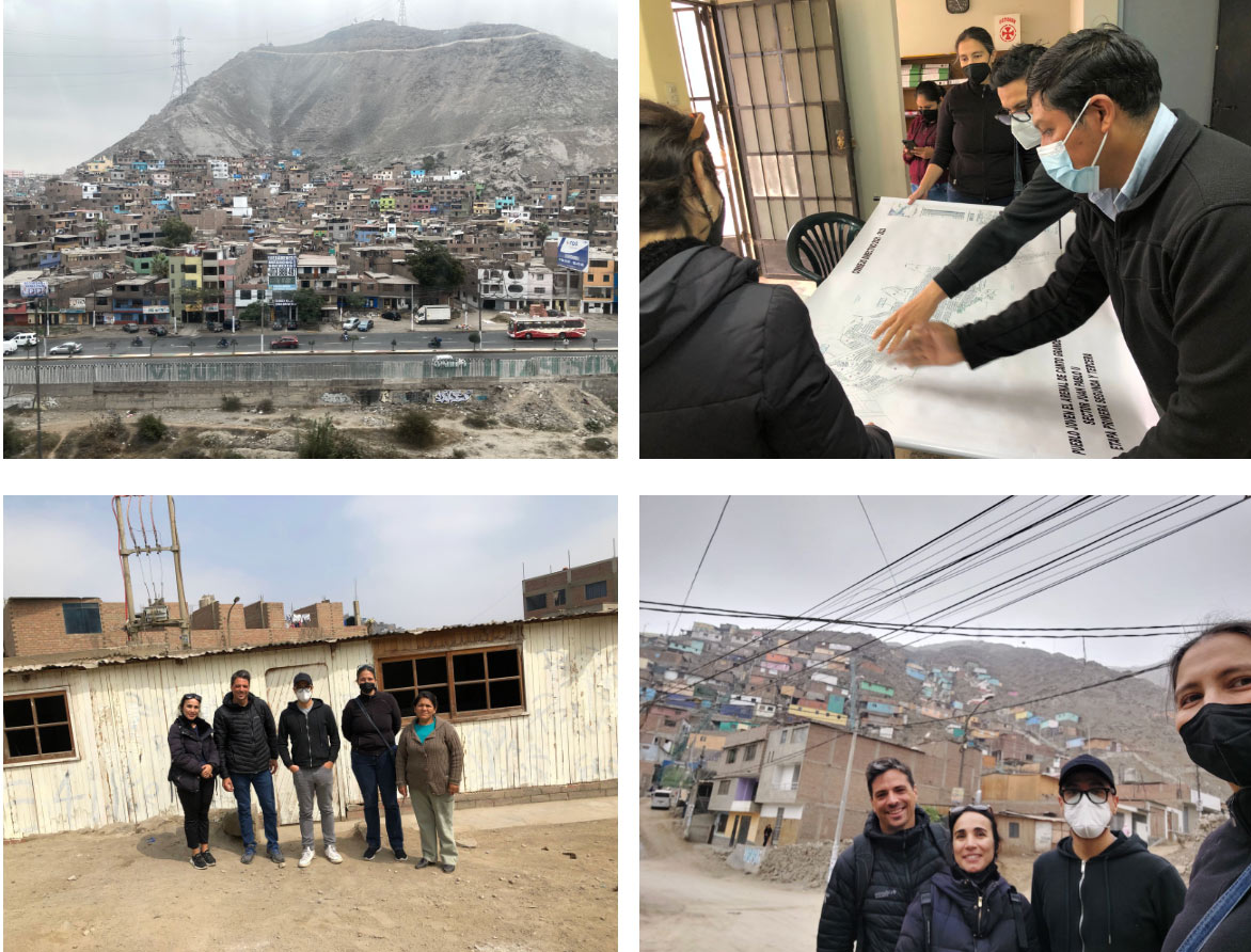 Field work and community-engaged research in Lima, Peru. Four photos: Top left, view of cliff with houses; top right: group gathered around a map wearing masks, pointing; bottom left: group posing in front of a house; bottom right: group posing in front of mountain with houses on it 