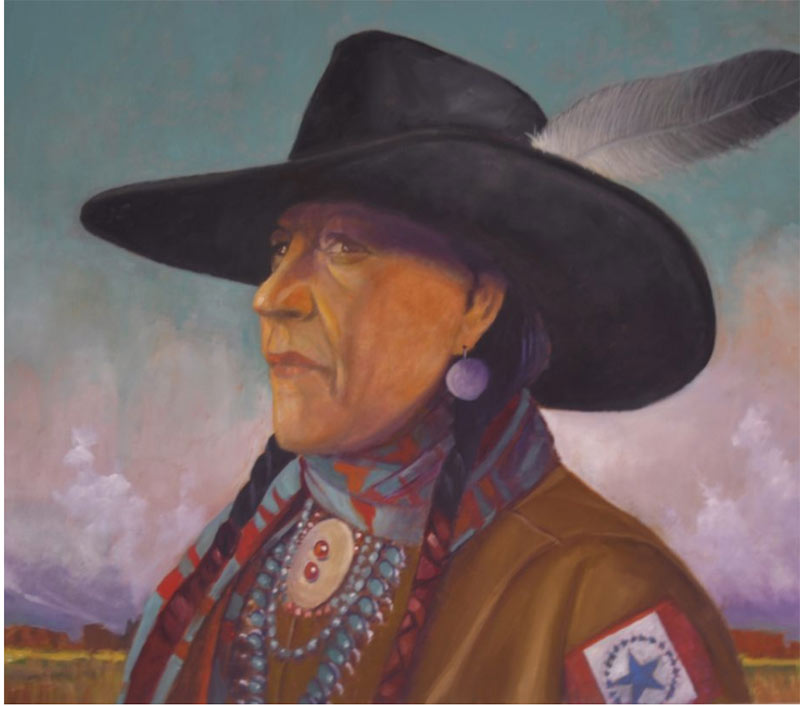 painting of Native American wearing black hat with feature - shown outside with landscape in background