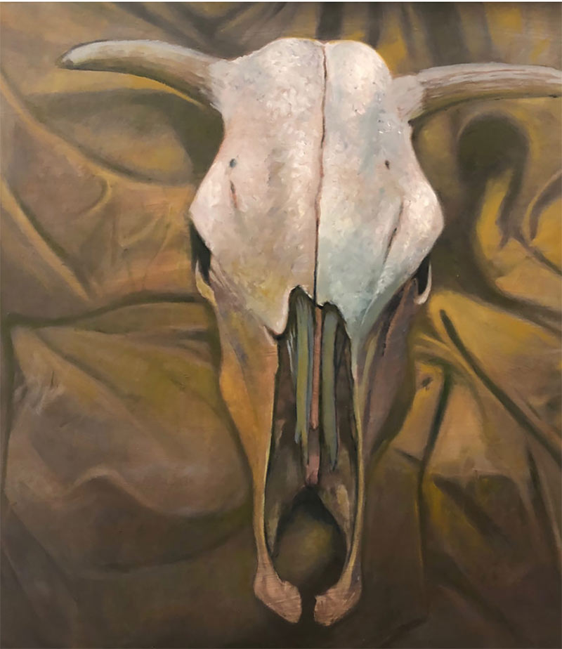 painting of bull skull on brown fabric backround